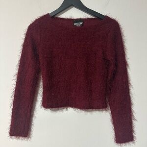 burgundy fuzzy long-sleeve cropped sweater